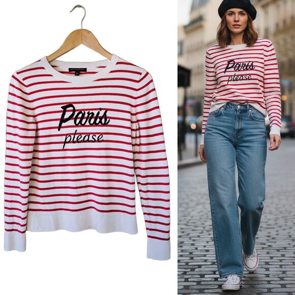BANANA REPUBLIC Red Striped Paris Please Crewneck Sweater Size Small Fitted - Picture 1 of 8